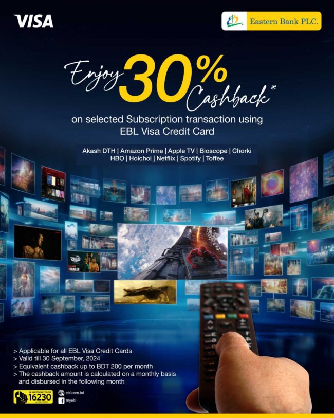 30% Cashback on Subscription Using EBL Credit Cards